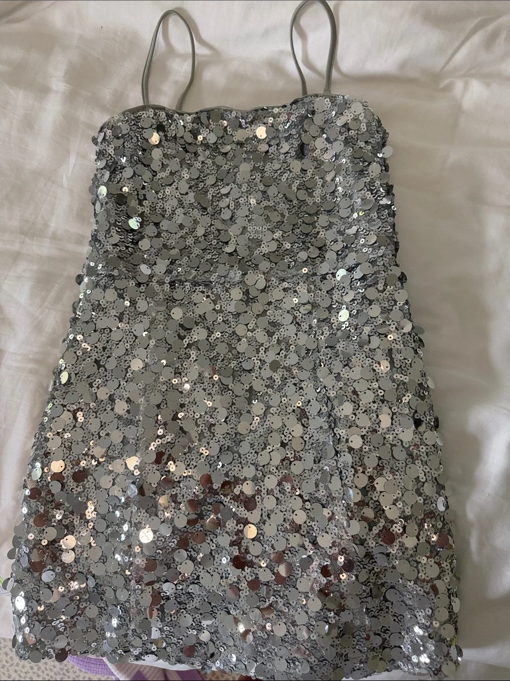 Katie J NYC Silver Sequin Spaghetti-Strap A-Line Dress